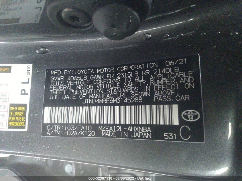 2021 TOYOTA COROLLA HATCHBACK SE/XSE/NIGHTSHADE JTND4MBE6M3145288