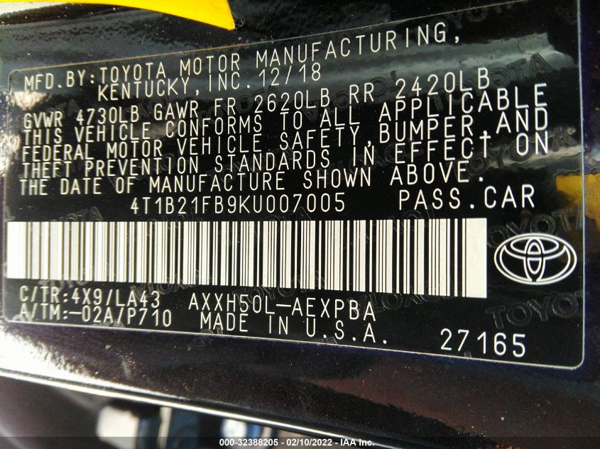 2019 TOYOTA AVALON HYBRID 4T1B21FB9KU007005