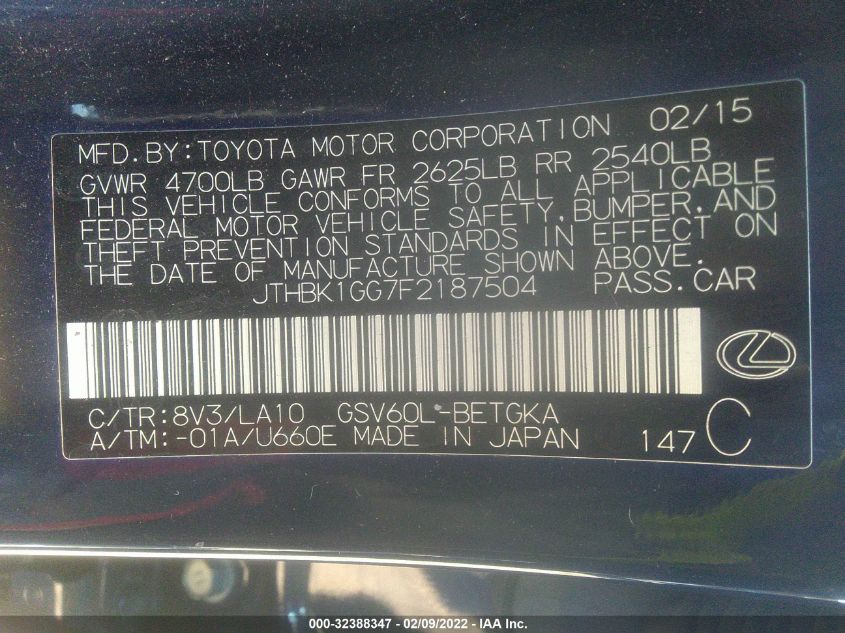 2015 LEXUS ES 350 JTHBK1GG7F2187504