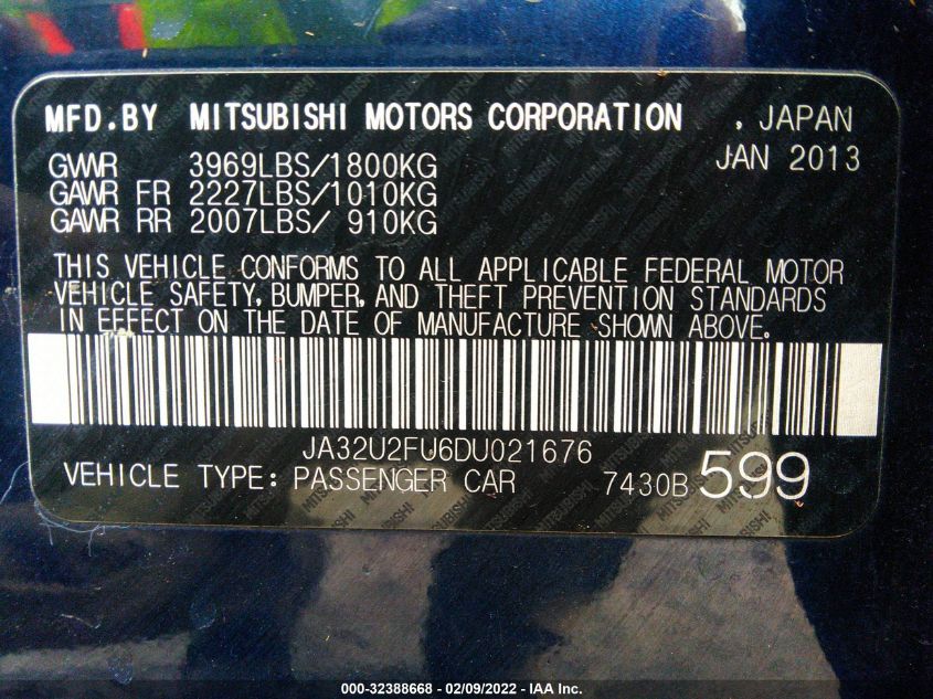 2013 MITSUBISHI LANCER ES JA32U2FU6DU021676