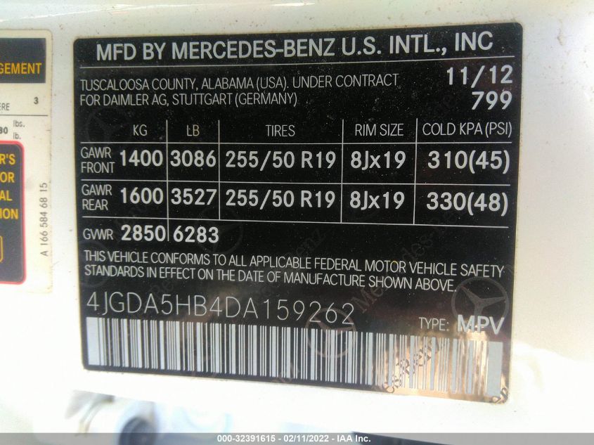 2013 MERCEDES-BENZ M-CLASS ML 350 4JGDA5HB4DA159262