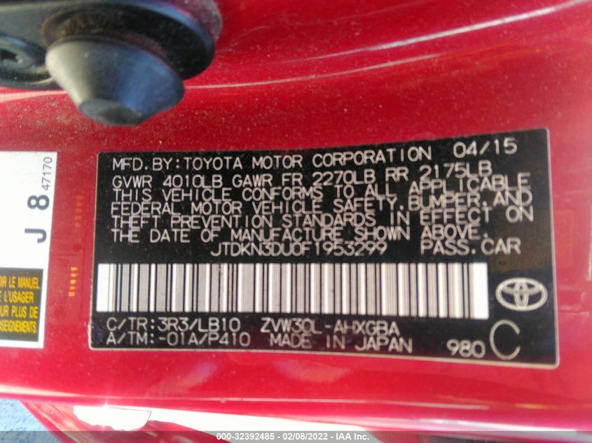2015 TOYOTA PRIUS FOUR JTDKN3DU0F1953299