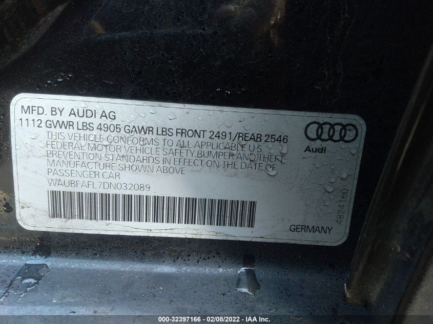 2013 AUDI A4 PREMIUM WAUBFAFL7DN032089