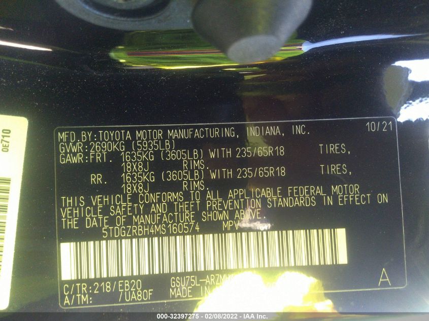 2021 TOYOTA HIGHLANDER XLE 5TDGZRBH4MS160574