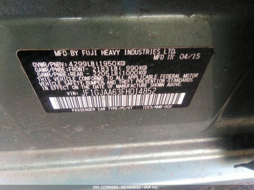 2015 SUBARU IMPREZA SEDAN JF1GJAA63FH014852