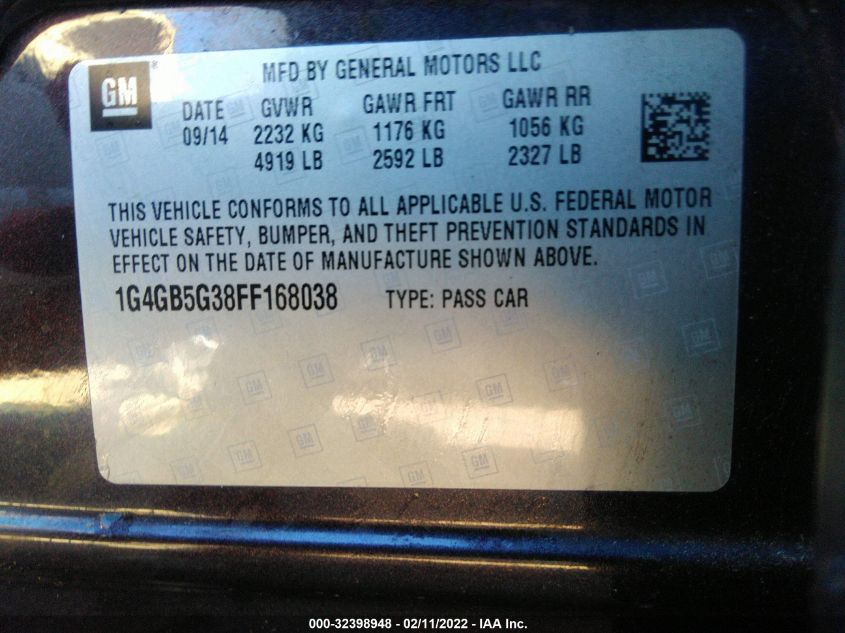 2015 BUICK LACROSSE LEATHER 1G4GB5G38FF168038