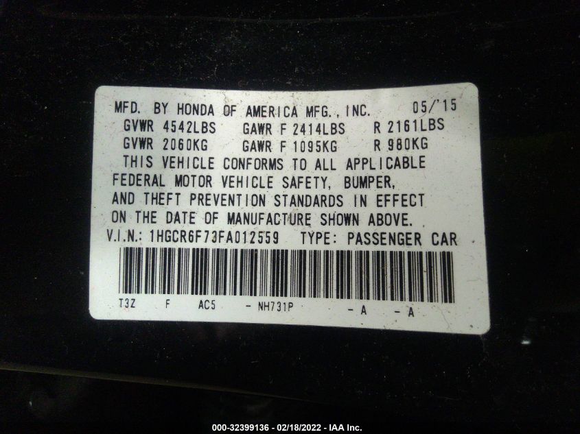 2015 HONDA ACCORD HYBRID TOURING 1HGCR6F73FA012559