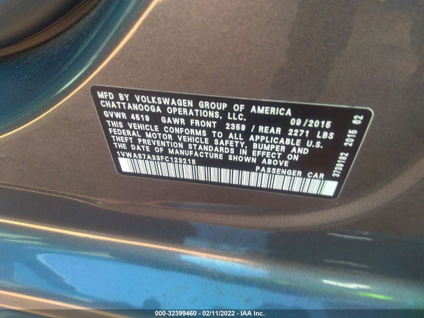2015 VOLKSWAGEN PASSAT 1.8T LIMITED EDITION 1VWAS7A33FC123215