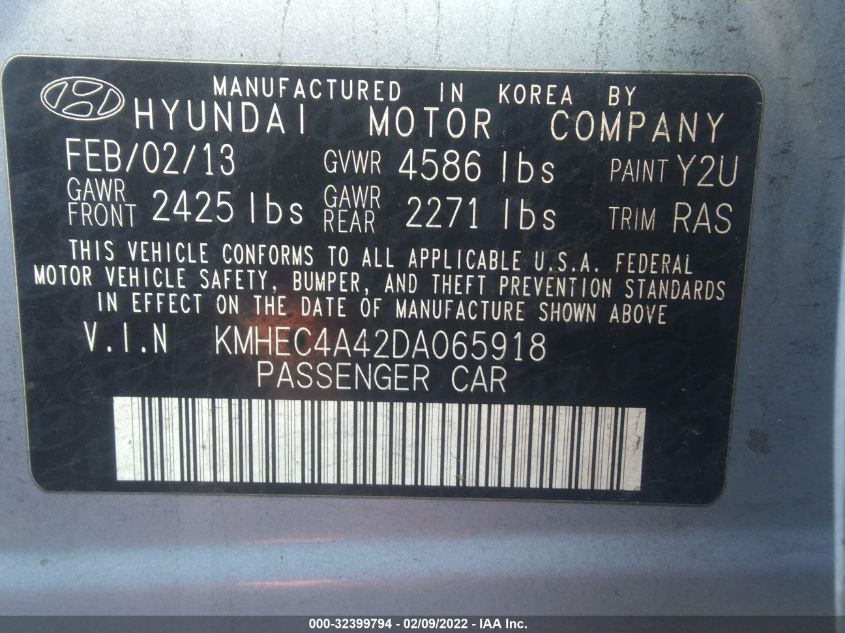 2013 HYUNDAI SONATA HYBRID LIMITED W KMHEC4A42DA065918