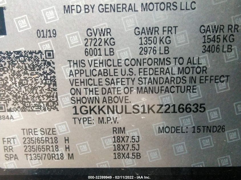 2019 GMC ACADIA SLT 1GKKNULS1KZ216635