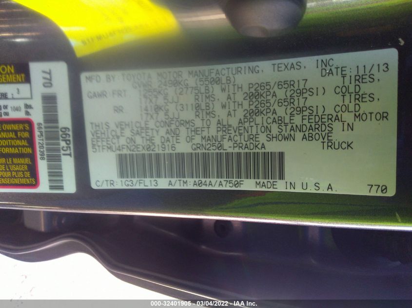 2014 TOYOTA TACOMA 5TFMU4FN2EX021916