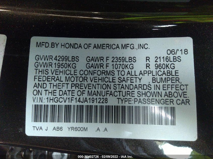 2018 HONDA ACCORD SEDAN LX 1.5T 1HGCV1F14JA191228