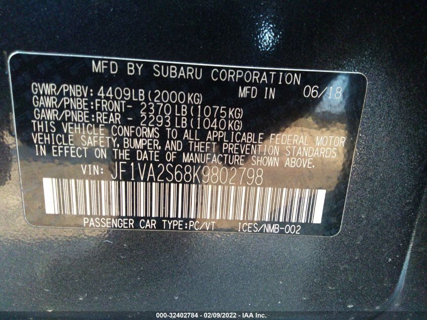2019 SUBARU WRX STI JF1VA2S68K9802798