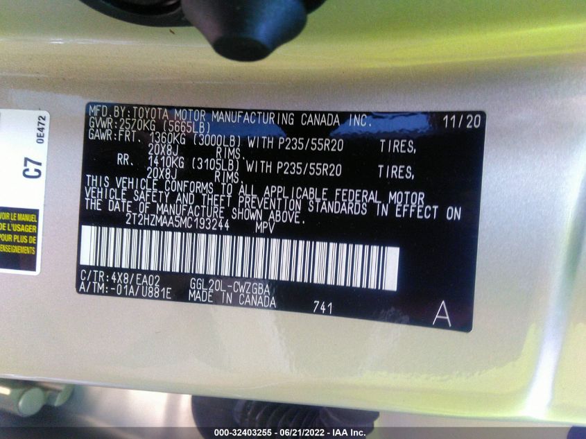 2021 LEXUS RX RX 350 2T2HZMAA5MC193244