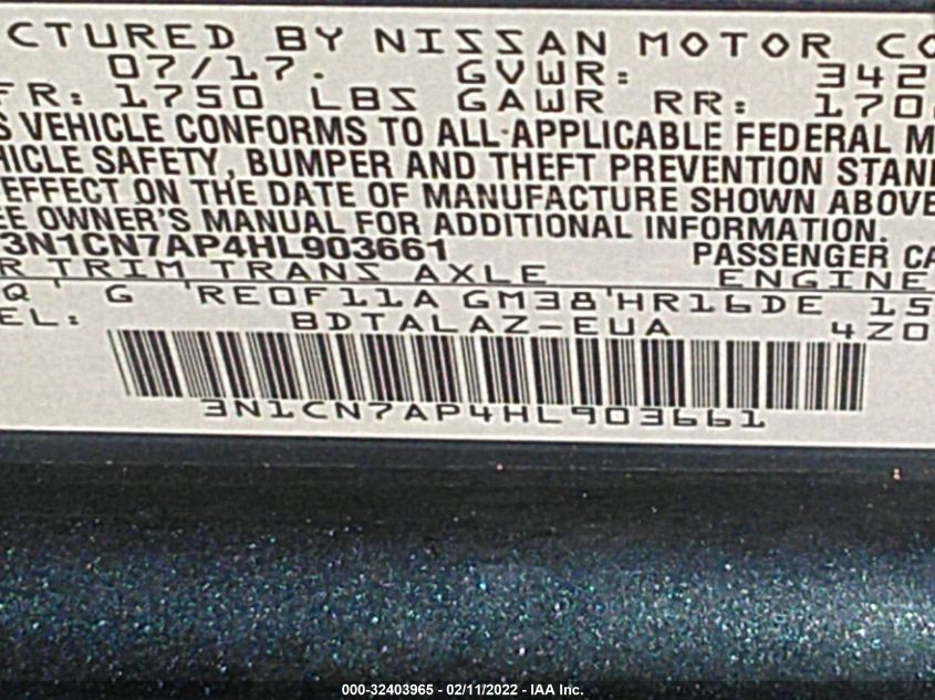 2017 NISSAN VERSA SEDAN S PLUS 3N1CN7AP4HL903661