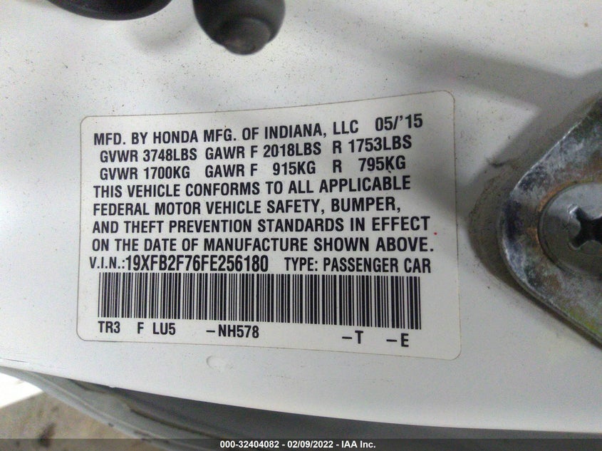 2015 HONDA CIVIC VIN: 19XFB2F76FE256180