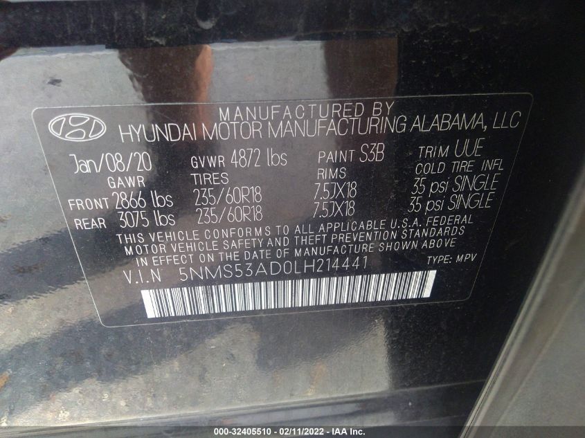 2020 HYUNDAI SANTA FE LIMITED 5NMS53AD0LH214441