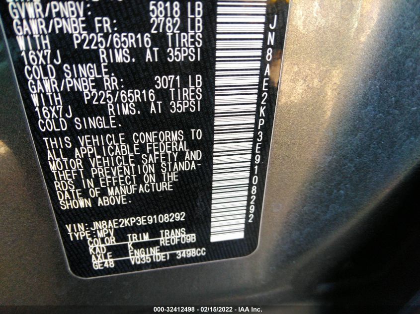 2014 NISSAN QUEST SV JN8AE2KP3E9108292