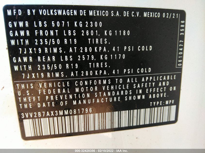 2021 VOLKSWAGEN TIGUAN SEL 3VV2B7AX3MM081796
