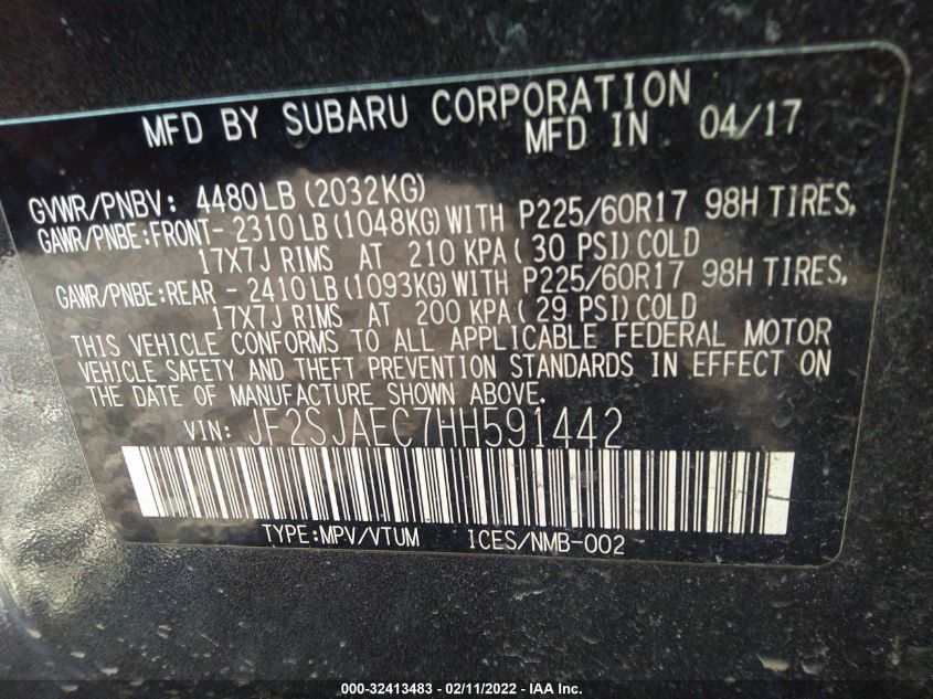 2017 SUBARU FORESTER PREMIUM - JF2SJAEC7HH591442