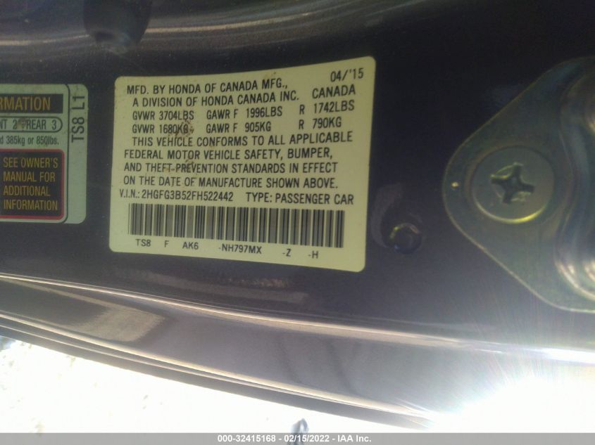 2015 HONDA CIVIC COUPE LX 2HGFG3B52FH522442