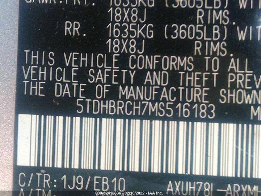 2021 TOYOTA HIGHLANDER HYBRID XLE 5TDHBRCH7MS516183