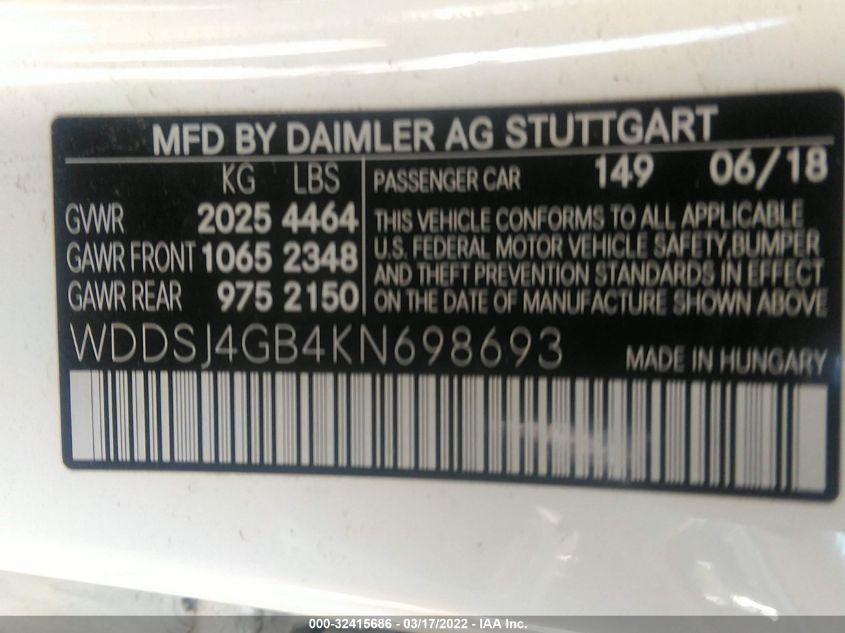 2019 MERCEDES-BENZ CLA CLA 250 WDDSJ4GB4KN698693