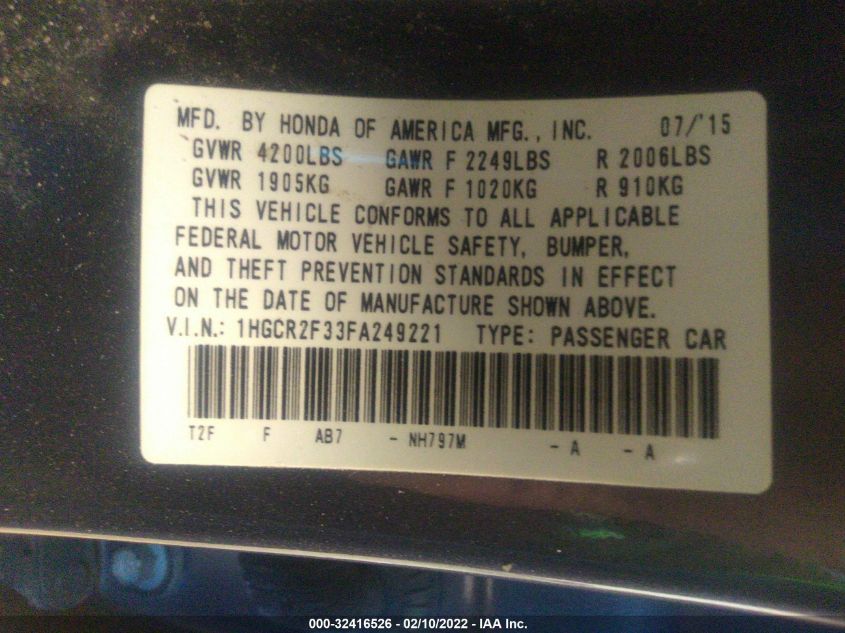 2015 HONDA ACCORD SEDAN LX 1HGCR2F33FA249221