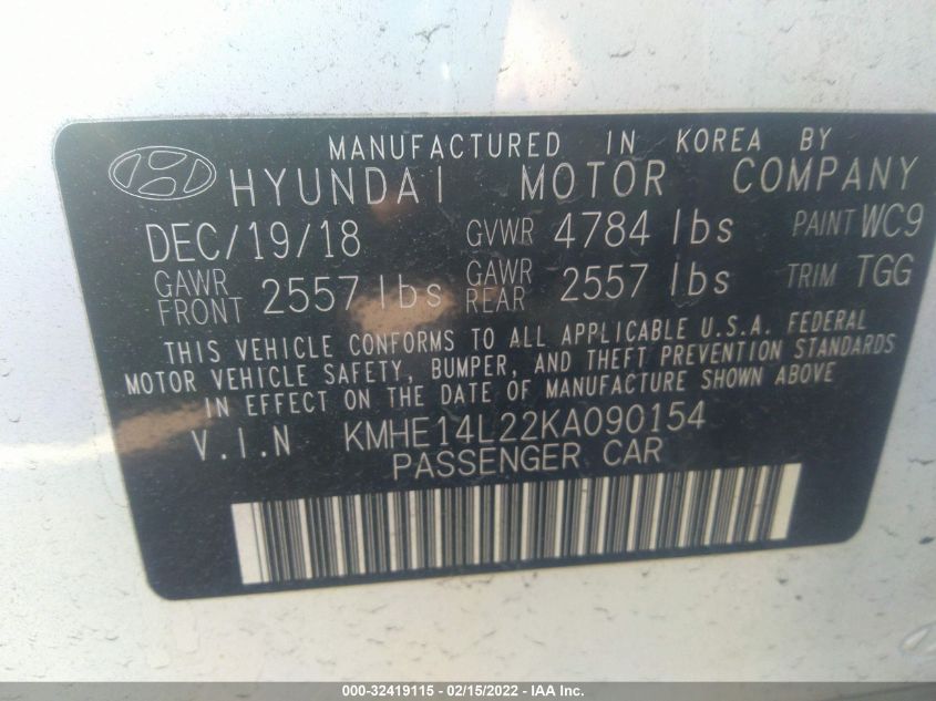 2019 HYUNDAI SONATA PLUG-IN HYBRID KMHE14L22KA090154