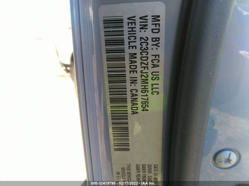 Auction sale of the 2021 DODGE CHALLENGER , vin: 2C3CDZFJ2MH617654, lot number: 32419795