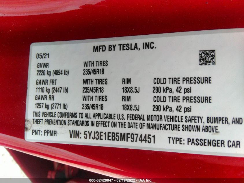 2021 TESLA MODEL 3 LONG RANGE 5YJ3E1EB5MF974451