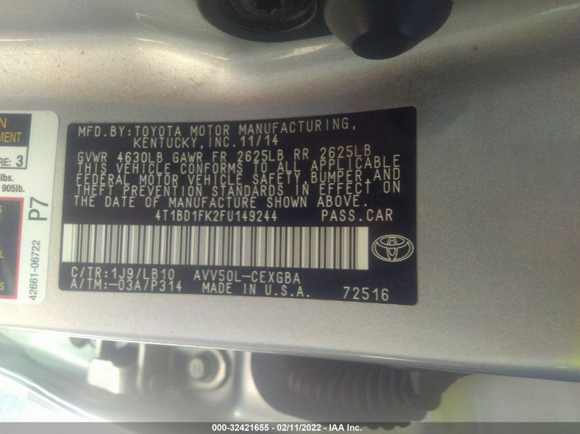 2015 TOYOTA CAMRY HYBRID LE/XLE/SE 4T1BD1FK2FU149244