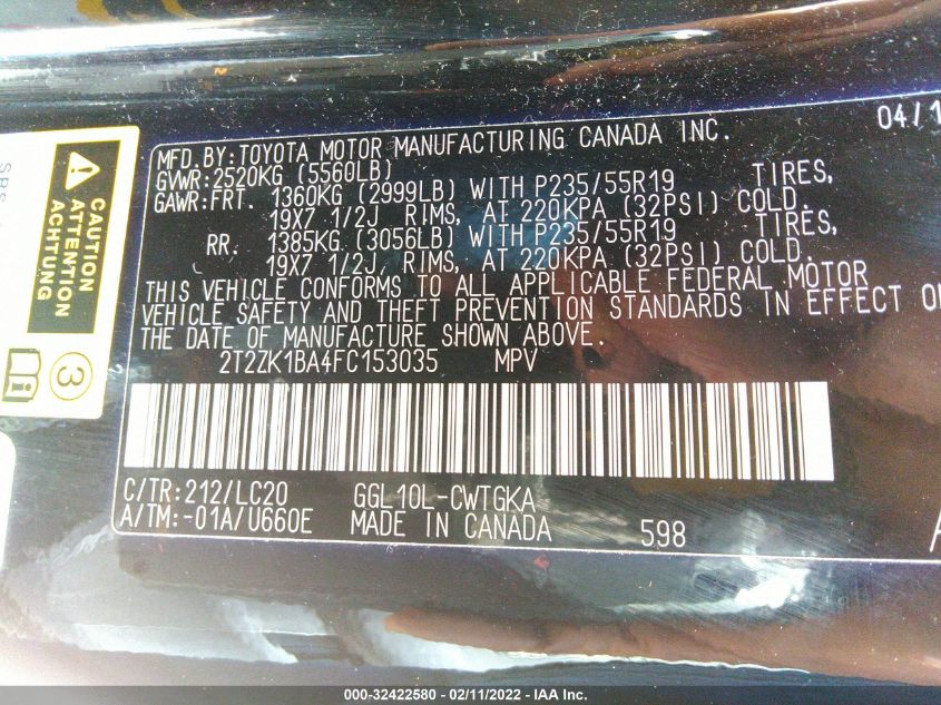 2015 LEXUS RX 350 2T2ZK1BA4FC153035