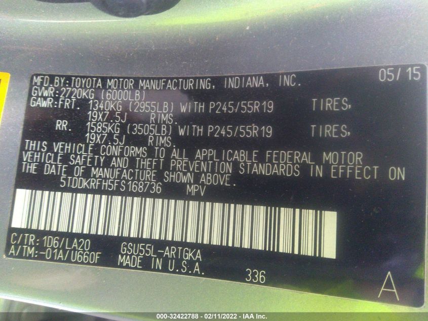 2015 TOYOTA HIGHLANDER LIMITED 5TDDKRFH5FS168736