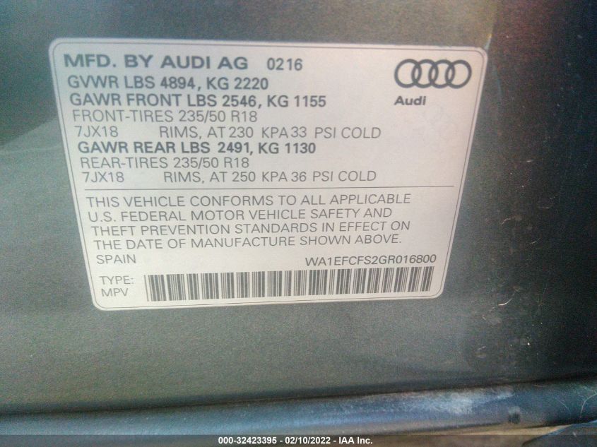 2016 AUDI Q3 PREMIUM PLUS WA1EFCFS2GR016800