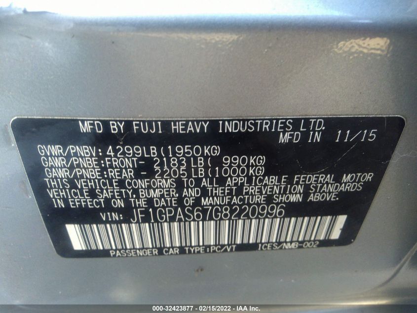 2016 SUBARU IMPREZA WAGON 2.0I SPORT PREMIUM JF1GPAS67G8220996