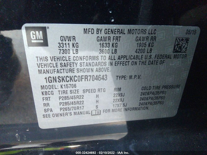 2015 CHEVROLET TAHOE LTZ 1GNSKCKC0FR704643