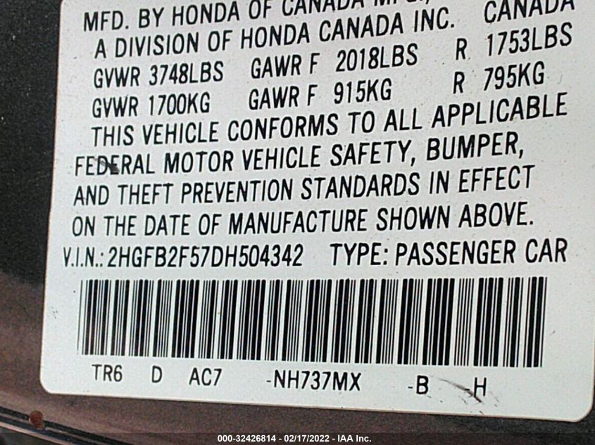 2013 HONDA CIVIC SDN LX 2HGFB2F57DH504342