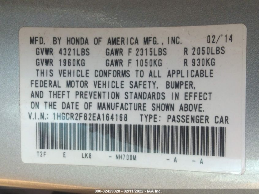 2014 HONDA ACCORD SEDAN EX-L 1HGCR2F82EA164168