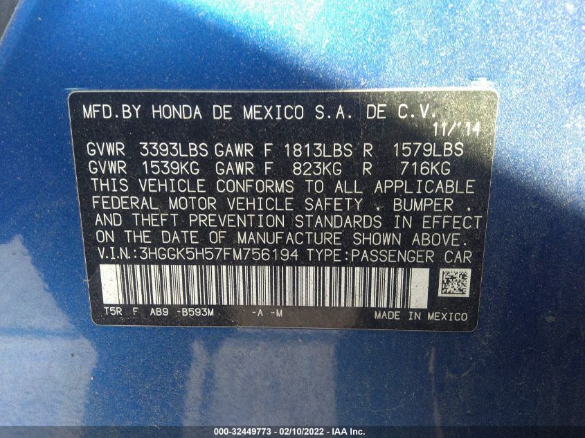 2015 HONDA FIT LX 3HGGK5H57FM756194