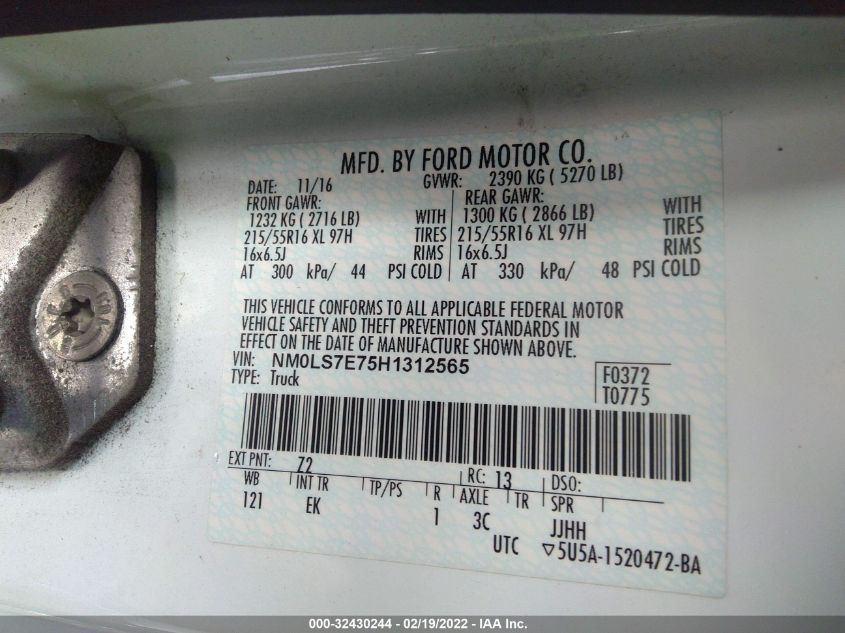 2017 FORD TRANSIT CONNECT VAN XL NM0LS7E75H1312565