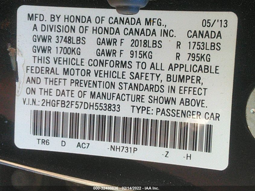 2013 HONDA CIVIC SDN LX 2HGFB2F57DH553833