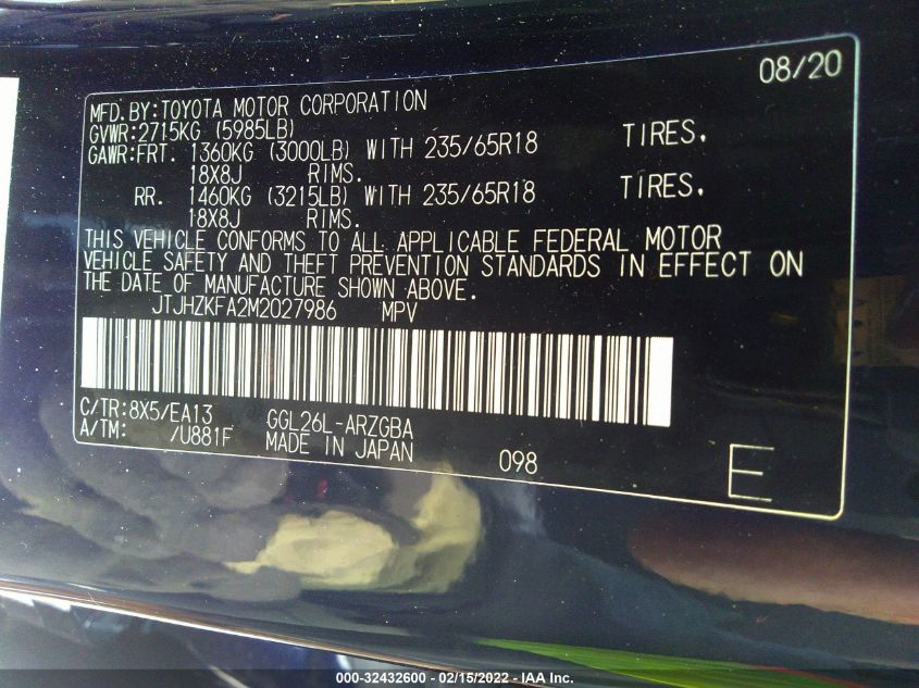 2021 LEXUS RX RX 350L JTJHZKFA2M2027986