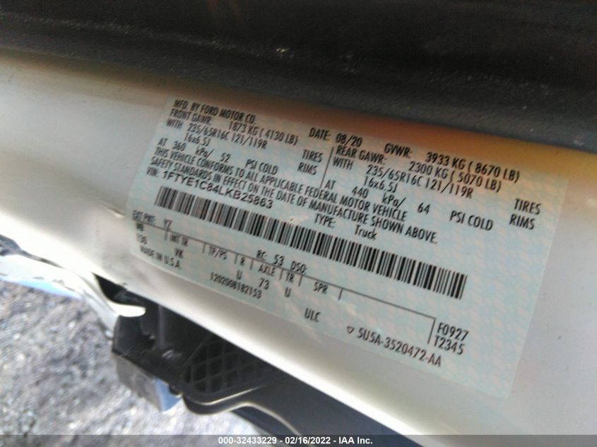 2020 FORD TRANSIT CARGO VAN 1FTYE1C84LKB25863