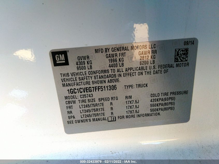 2015 CHEVROLET SILVERADO 2500HD LT 1GC1CVEG7FF511306