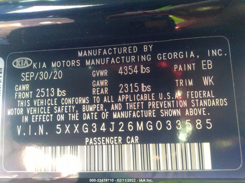 2021 KIA K5 EX 5XXG34J26MG033585