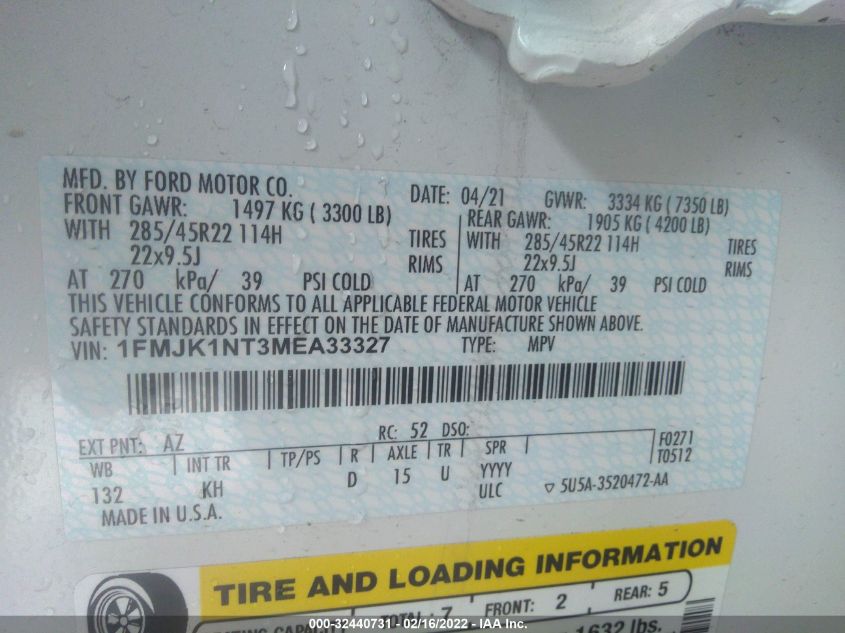 2021 FORD EXPEDITION MAX KING RANCH 1FMJK1NT3MEA33327