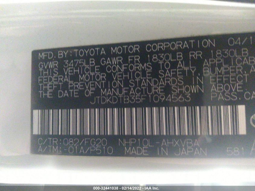 2015 TOYOTA PRIUS C ONE/TWO/THREE/FOUR JTDKDTB35F1094563
