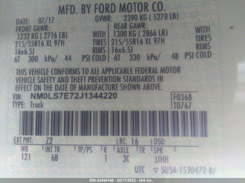 2018 FORD TRANSIT CONNECT VAN XL NM0LS7E72J1344220