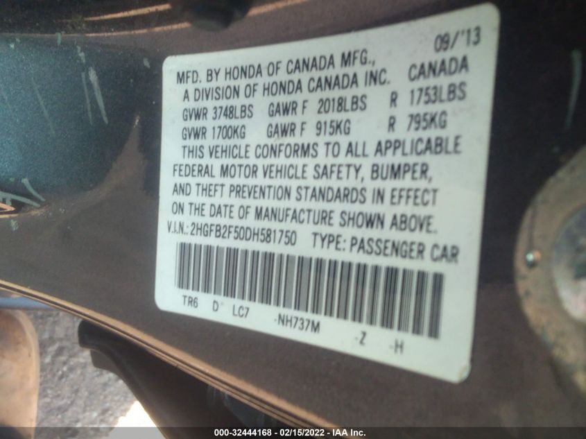 2013 HONDA CIVIC SDN LX 2HGFB2F50DH581750
